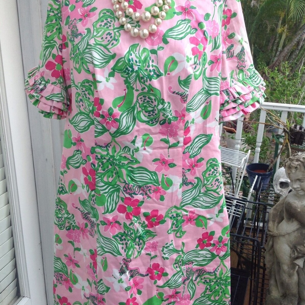Lilly Pulitzer Pink Green Tiger Lilly Jubilee Dress Sz 2 Short Sleeve Rare HTF